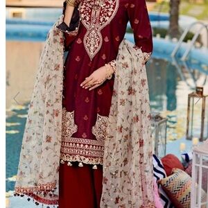 Anaya by Kiran Chaudry Elegant Maroon Embroidered Suit with Floral Dupatta